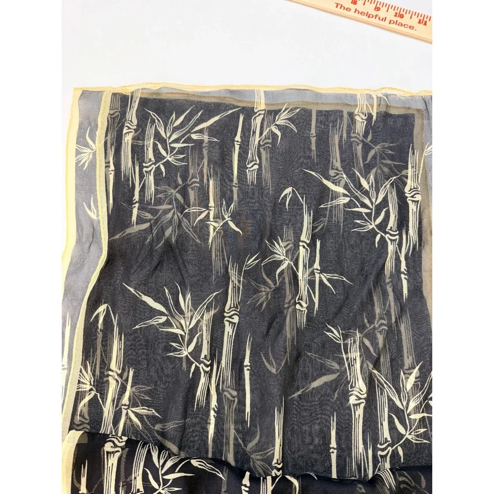 Vintage Sheer Black & Cream Bamboo Print Long Scarf Chiffon Zen Dark Academia